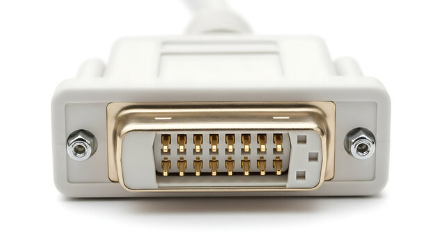 Close-up of a white DVI (Digital Visual Interface) cable connector with gold pins on a clean white background, showcasing technology.