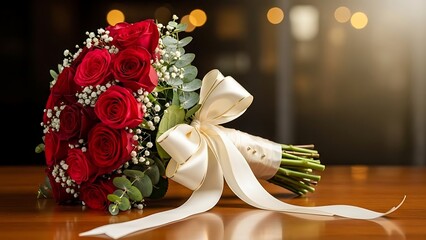 Romantic red rose bouquet with white ribbon on wooden table for valentine's day or wedding