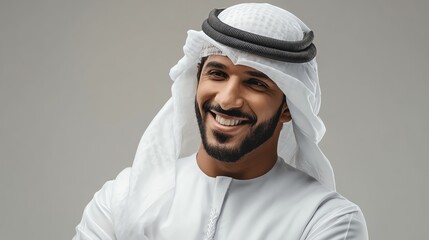 Emirati man wearing white kandura and ghutra, patriotic mood, neutral background