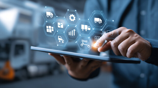 Person using a tablet with transportation and logistics digital icons.