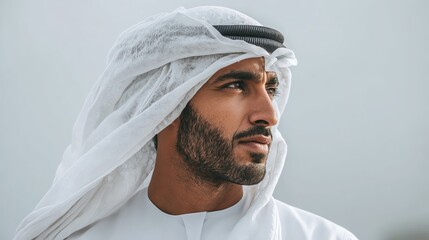 Emirati man wearing white kandura and ghutra, patriotic mood, neutral background
