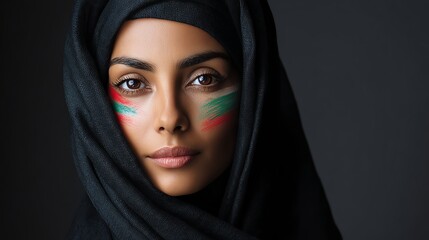 Emirati woman portrait with subtle UAE flag colors makeup, studio lighting, commercial use