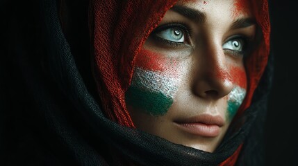 Emirati woman portrait with subtle UAE flag colors makeup, studio lighting, commercial use