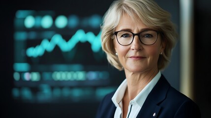 Female CEO leading meeting with digital charts in background