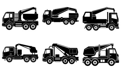 Six Black Tow Trucks with Cranes on White Background vehicle