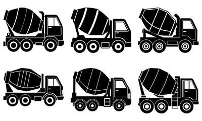 Six Black Concrete Mixer Trucks on White Background transportation vehicle