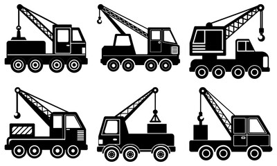 Six Black Tow Trucks with Hooks on White Background vehicle