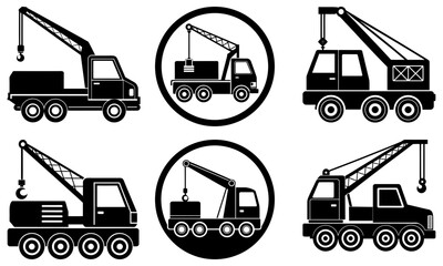 Set of black and white tow truck and crane vehicle with transparent background vehicle construction vehicles