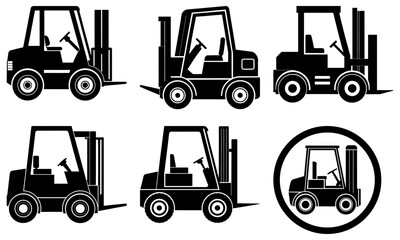 Five Forklift Trucks in Black Silhouette on White Background
