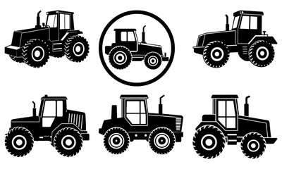Five Tractors Silhouettes with One in a Circle on White Background black