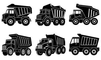 Six Black and White Dump Truck Silhouettes on White Background transportation