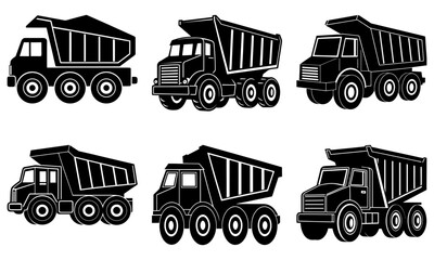 Six Black Dump Trucks Silhouettes on White Background