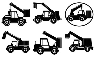 Black and white heavy machinery lifting pallets with forklifts on a transparent background