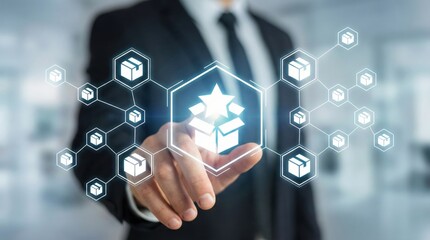 Businessman selecting product quality symbol on virtual touchscreen,showing logistics network,distribution strategy,customer satisfaction and innovation