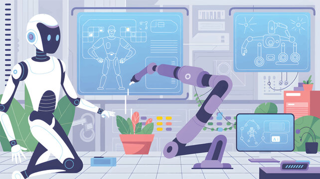 Humanoid robot and robotic arm in a futuristic laboratory setting with screens and plants