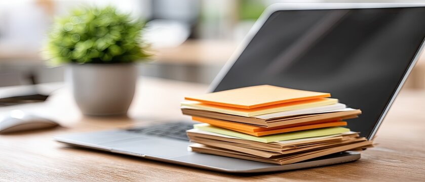 Colorful sticky notes stacked on laptop with blurred background showing workspace during daylight hours - Powered by Adobe