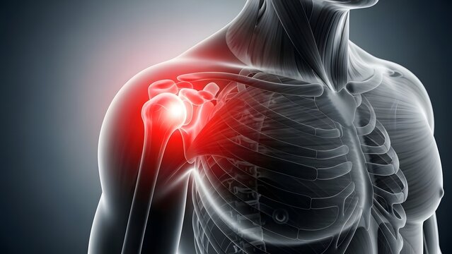 Shoulder joint pain and rotator cuff injury. Orthopedic surgery and muscle therapy. 3D human torso with skeletal overlay and glowing red painful shoulder joint