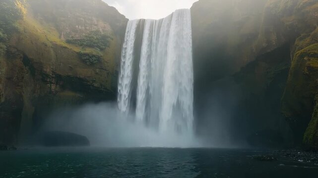 Plunging triple waterfall flowing at canyon into plunge pool, gravity pulling water creating mist
