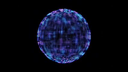 Abstract digital sphere with glowing blue and purple pixels on black, representing data and technology