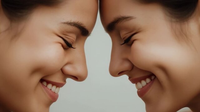 Smiling women pressing foreheads together on gray backdrop, reacting to touch, showing stud earring