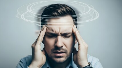 Vertigo symptoms and dizziness sensation. Neurological balance and inner ear health. Young man touching temples with white motion lines symbolizing spinning and loss of balance