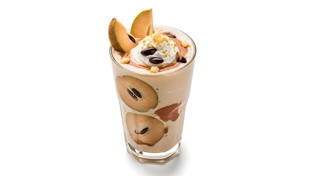 Creamy Sapodilla Fruit Smoothie Topped with Whipped Cream and Nuts on White Background drink beverage