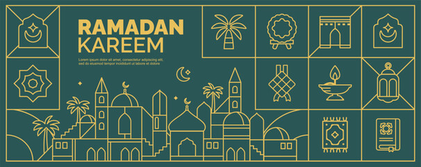 Monoline geometric style ramadan kareem background, mosque landscape with bright colored islamic houses, islamic illustration for poster, wallpaper and greeting card