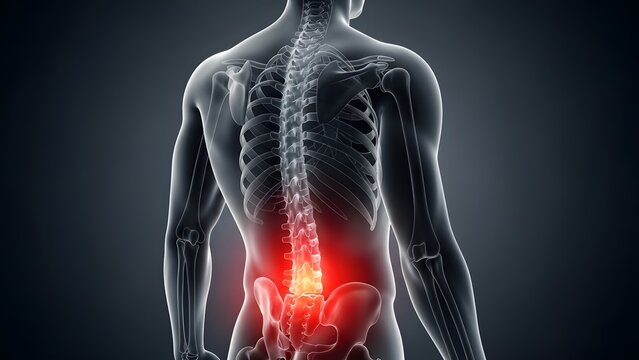 Lower back muscle strain and lumbar injury. Physical therapy and chiropractic wellness. Transparent human body showing skeletal structure and red inflammation in the tailbone area