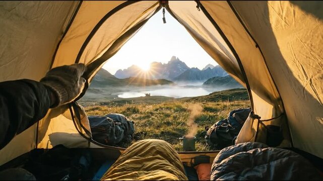 Inside a tent a gloved hand opens to a sunrise mountain vista a misty lake and camping equipment