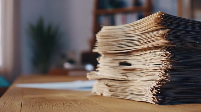 Medium shot of recycled paper sheets stacked neatly on an office desk showcasing ecofriendly materials used for sustainable daily writing needs.