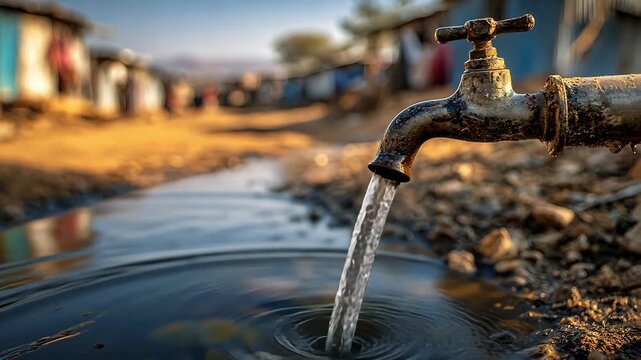 Rusty outdoor faucet pouring water into a muddy puddle, 4k video