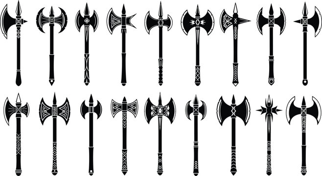 Fantasy battle axe silhouettes collection, medieval double sided weapons set, black vector illustration for warrior, game, and mythology design