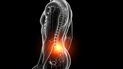 Naklejka premium Chronic lumbar pain and spinal cord disorder. Back injury and orthopedic medicine. Side view of a transparent human body with highlighted glowing lower back vertebrae
