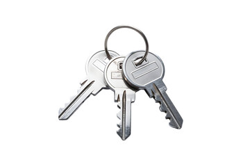 A realistic depiction of three silver colored keys with detailed teeth and a key ring ideal for design projects on transparent background