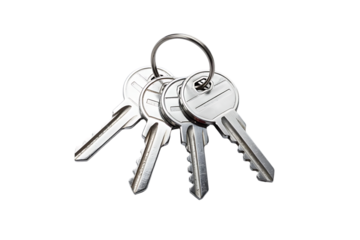 A close up of four silver metal keys hanging together with a silver keyring isolated on transparent background high quality professional