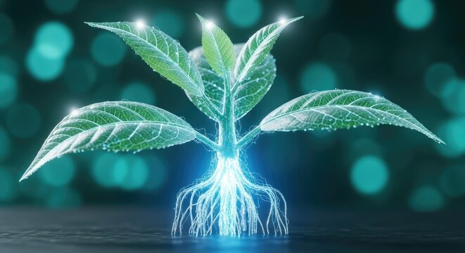 Digital Green Energy Plant with Glowing Roots and Leaves symbolizing Innovation in Sustainable Technology and Environmental Protection for Future Growth Concepts - Powered by Adobe