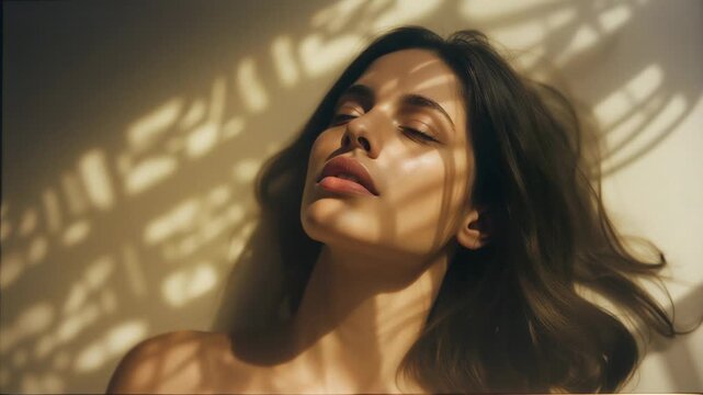 Opening eyes, reclining woman reacting as sun shifting through lattice onto light wall, strapless