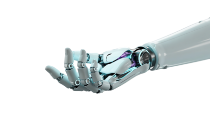 A robotic hand with metallic details on transparent background high quality professional detailed modern elegant stylish clean crisp vibrant colorful digital