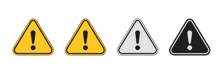 Four variations of a yellow and black warning sign with an exclamation mark are displayed showcasing different styles on transparent background