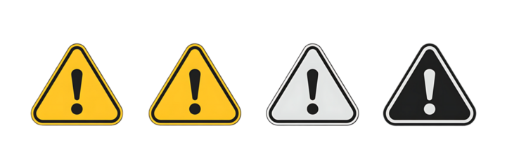 A collection of four triangular warning signs in varying shades and outlines featuring a black exclamation mark on transparent background