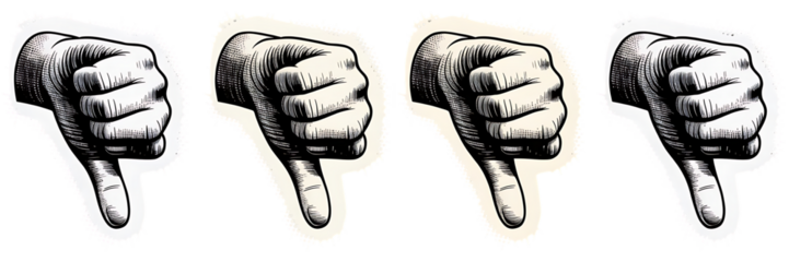 Four vintage style illustrations of hands giving a thumbs down gesture are shown perfect for disapproval themes on transparent background