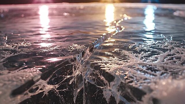 Cinematic macro close-up of ice surface cracking and shattering with water splash, dramatic blue and gold bokeh lighting.