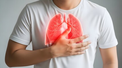 Acute lung infection and pneumonia symptoms. Respiratory system health and medical diagnosis. Person in white shirt holding chest with glowing internal lungs and bronchi