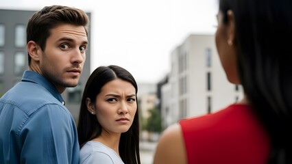 Disloyal man walking with his girlfriend and looking amazed at another seductive girl. Concepts: infidelity, jealousy, relationship problems, temptation, humorous, meme, stock photo.