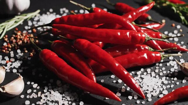 Vibrant Red Chili Peppers Arranged With Garlic Rosemary And Rock Salt On Slate Platter