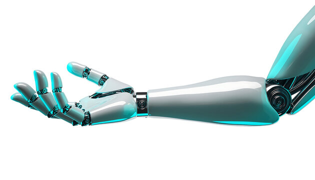 A futuristic robotic arm with detailed metallic components and glowing blue accents is presented in a dynamic pose on transparent background