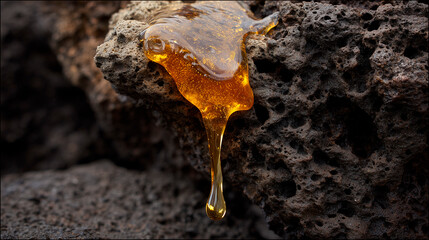 Thick golden honey dripping slowly onto a black, porous volcanic rock, a concept of contrasting textures and an organic product