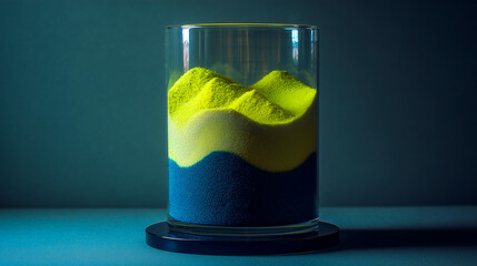Layers of blue and neon yellow colored sand forming mountains inside a glass container, concept of stratification and geology
