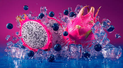 Explosion of fresh dragon fruit, blueberries and crushed ice cubes on a pink background, concept of freshness and healthy eating