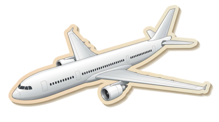 A detailed illustration of a white passenger airplane with beige outline featuring visible engines and wings on transparent background high quality